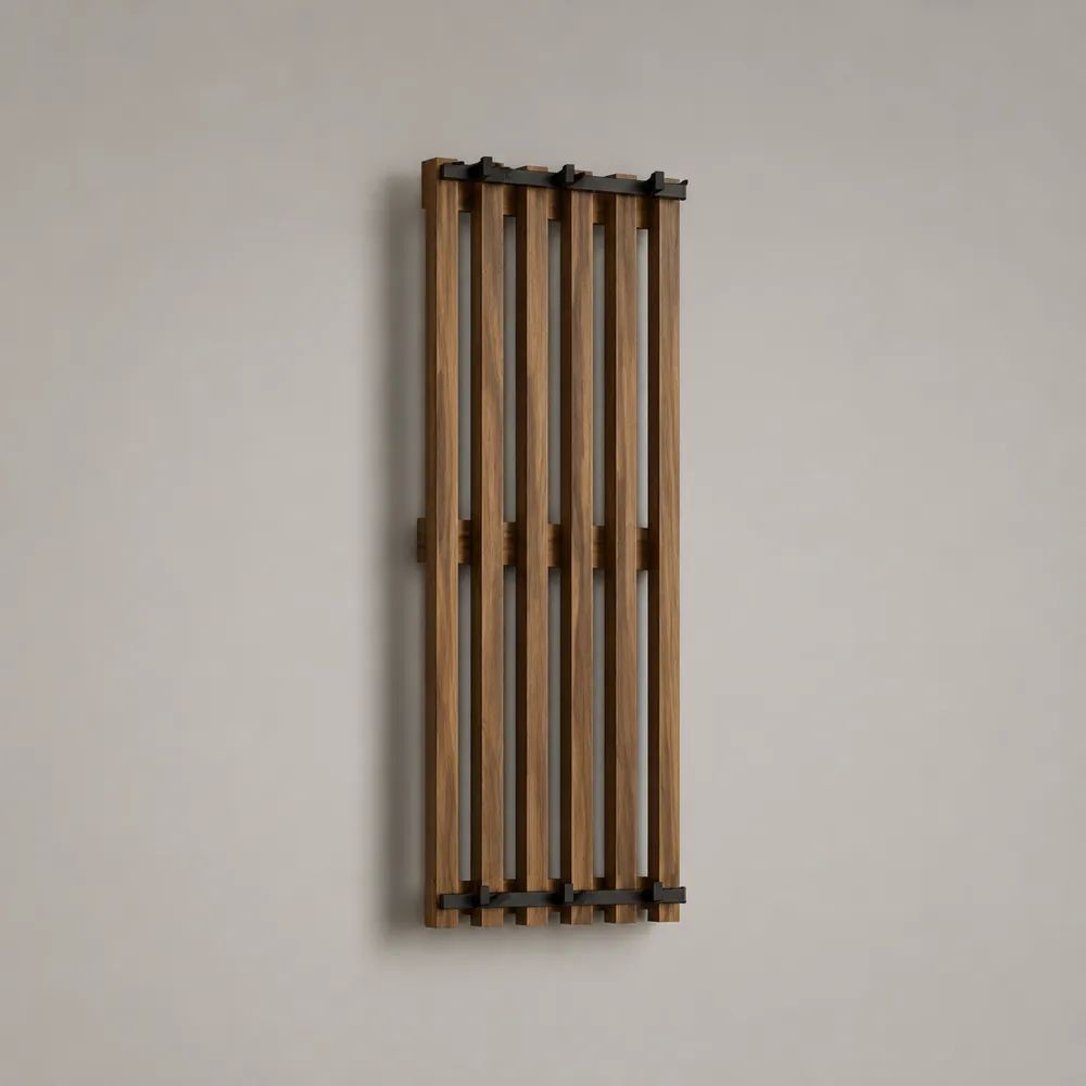 Rechteckige Wandgarderobe aus massivem Eichenholz und pulverbeschichtetem Stahl mit 5 Haken, Naturbraun/Schwarz, 40 × 10 × 120 cm