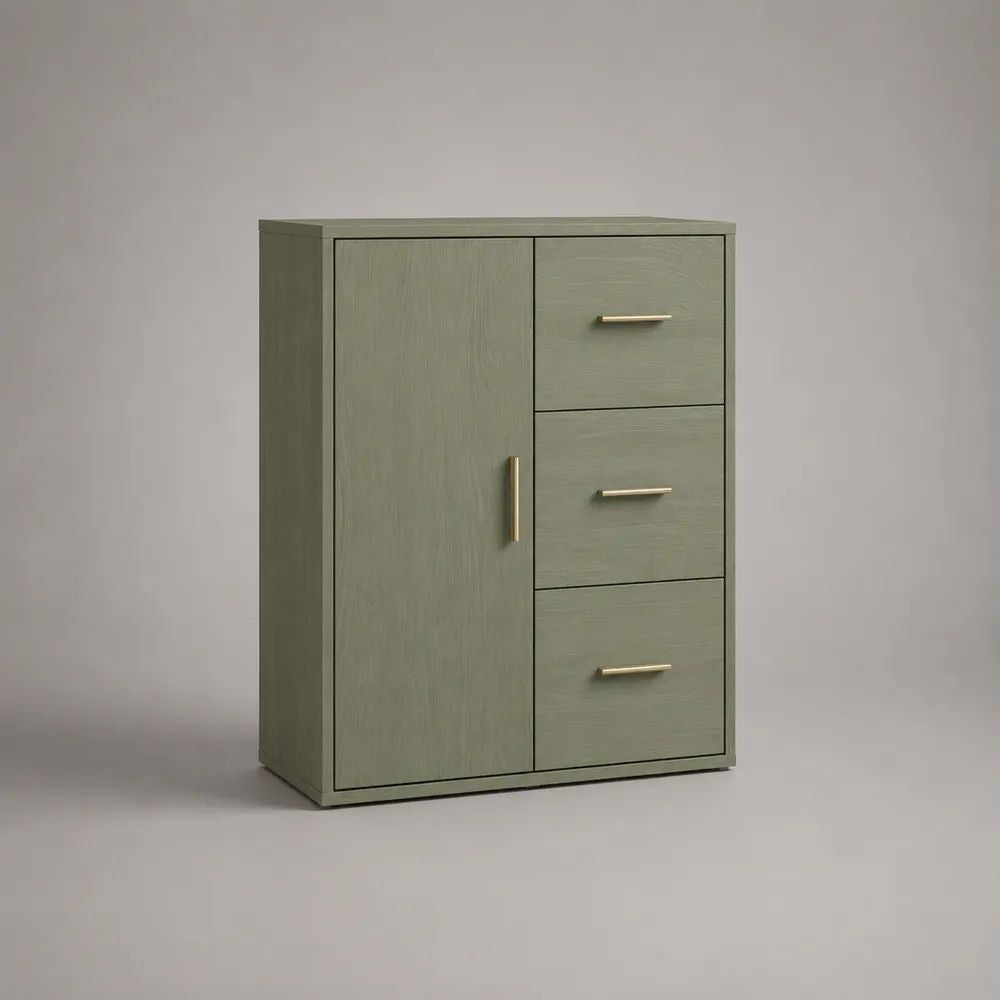 Rechteckiges Highboard aus MDF mit 1 Tür und 3 Schubladen, Salbeigrün, 80 × 40 × 110 cm
