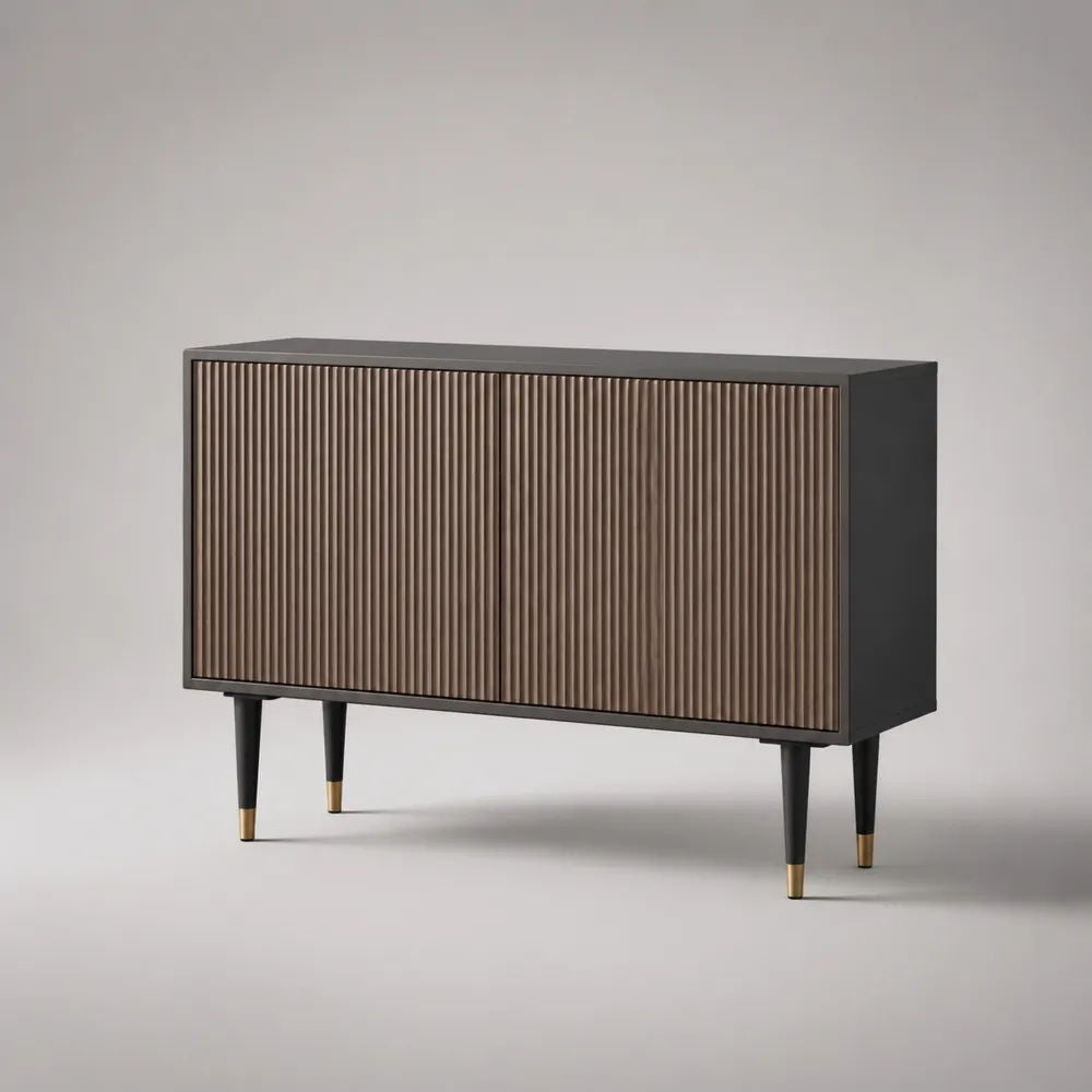 Sideboard mit 2 Türen aus MDF mit Walnussfurnier, Schwarz/Braun/Messingfarben, 120 × 40 × 80 cm