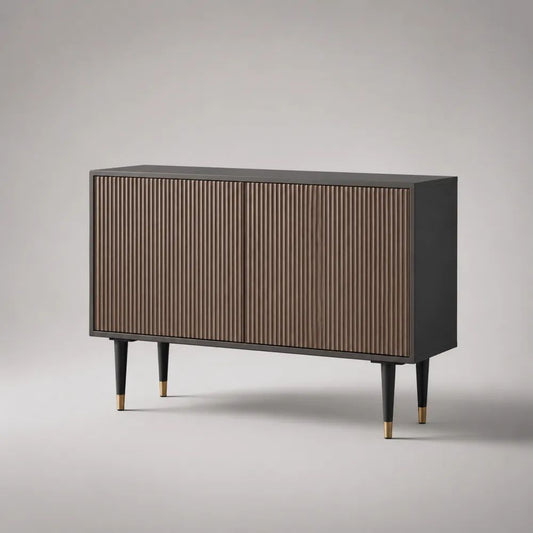 Sideboard mit 2 Türen aus MDF mit Walnussfurnier, Schwarz/Braun/Messingfarben, 120 × 40 × 80 cm
