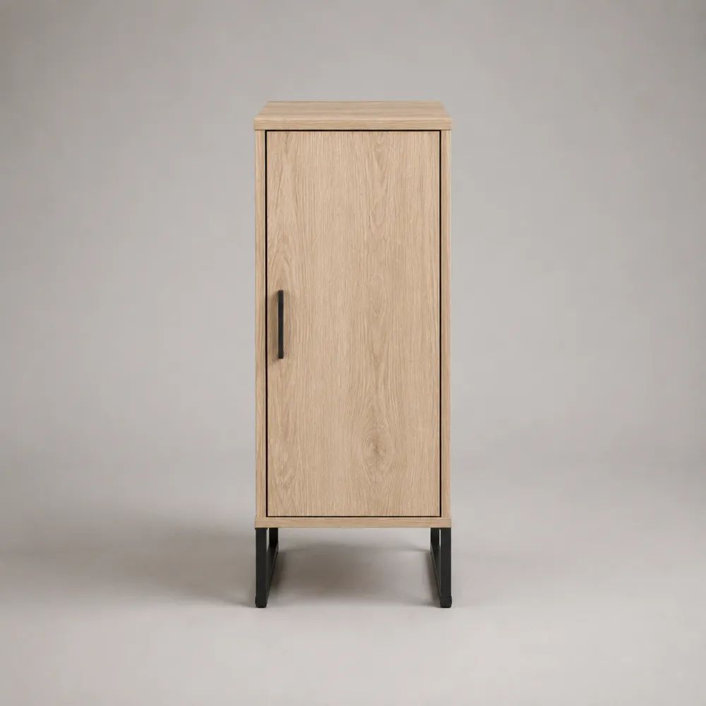 Hochschrank aus Spanplatte mit 1 Tür und Stahlgestell, Eiche Natur/Schwarz, 40 × 35 × 100 cm