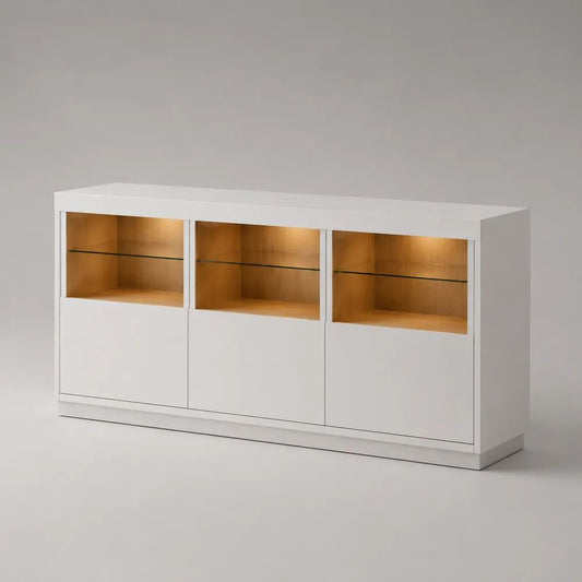 Sideboard mit LED-Beleuchtung und 3 Türen aus MDF, Spanplatte und Glas, Weiß/Eichefarben, 180 x 42 x 90 cm