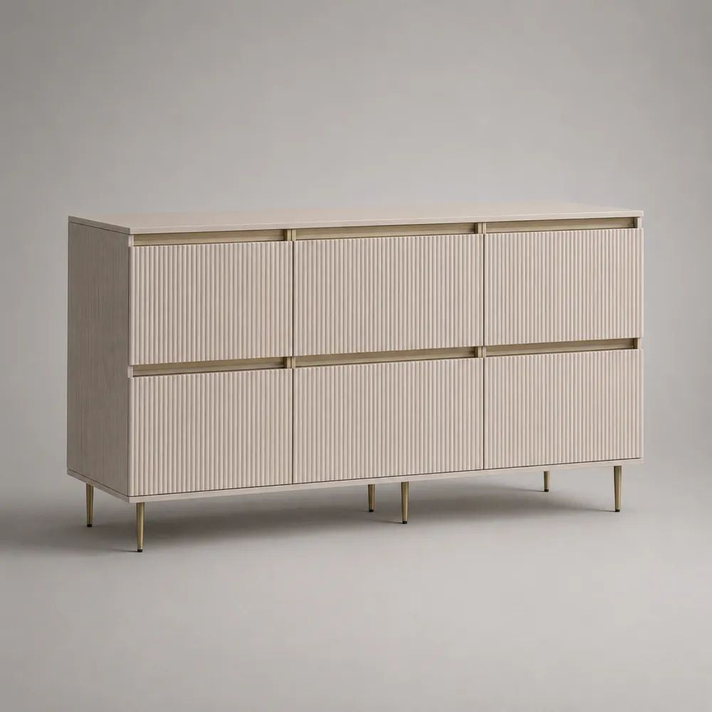 Rechteckiges Sideboard aus MDF und Spanplatte mit 6 Schubladen, Beige/Gold, 150 × 40 × 85 cm