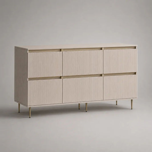 Rechteckiges Sideboard aus MDF und Spanplatte mit 6 Schubladen, Beige/Gold, 150 × 40 × 85 cm