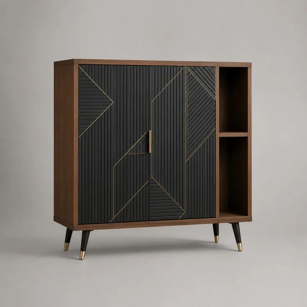 Highboard mit 3 Türen und 2 offenen Fächern aus MDF, Spanplatte und Stahl, Walnussbraun/Schwarz/Messinggold, 120 × 40 × 120 cm