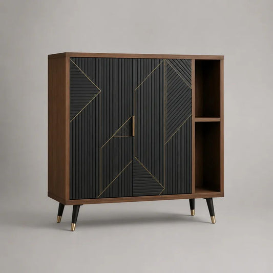 Highboard mit 3 Türen und 2 offenen Fächern aus MDF, Spanplatte und Stahl, Walnussbraun/Schwarz/Messinggold, 120 × 40 × 120 cm