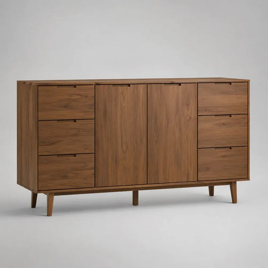 Sideboard aus massivem Mangoholz mit 6 Schubladen und 2 Türen, Naturbraun, 160 × 40 × 90 cm