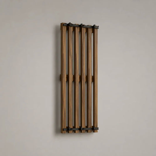 Rechteckige Wandgarderobe aus massivem Eichenholz und pulverbeschichtetem Stahl mit 5 Haken, Naturbraun/Schwarz, 40 × 10 × 120 cm