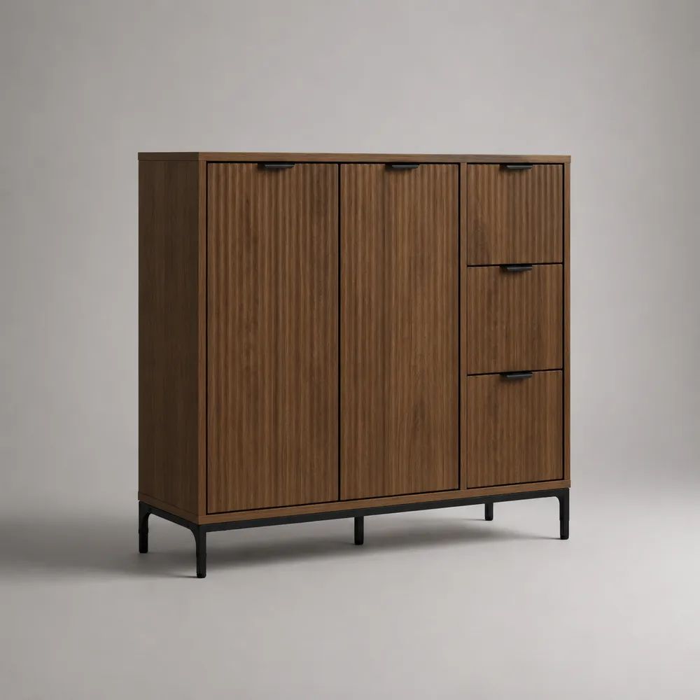 Highboard aus MDF und Stahl mit 2 Türen und 3 Schubladen, Walnussbraun/Schwarz, 120 × 40 × 130 cm