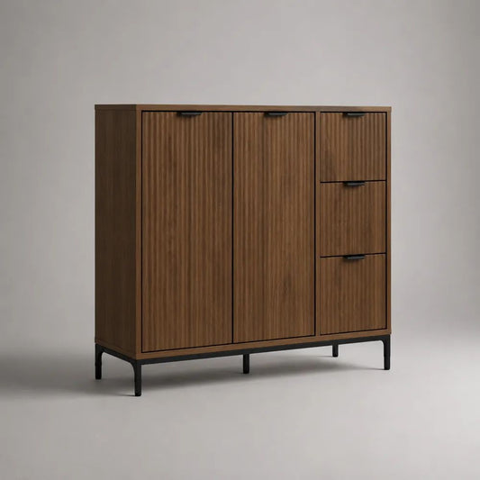 Highboard aus MDF und Stahl mit 2 Türen und 3 Schubladen, Walnussbraun/Schwarz, 120 × 40 × 130 cm