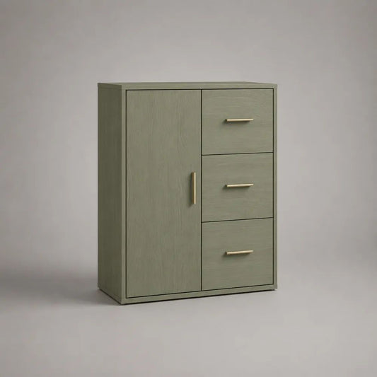 Rechteckiges Highboard aus MDF mit 1 Tür und 3 Schubladen, Salbeigrün, 80 × 40 × 110 cm