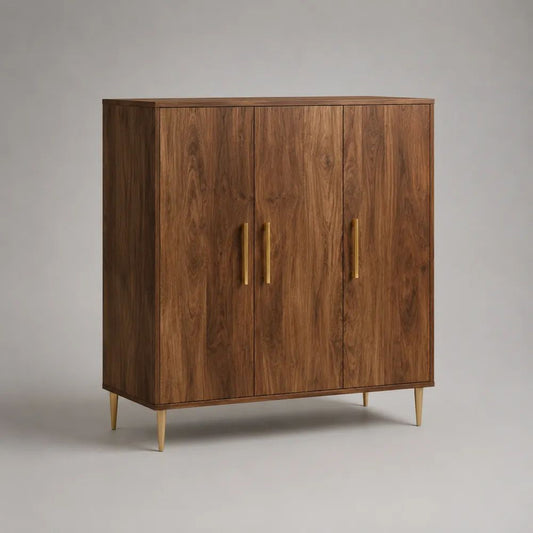 Highboard aus Holz und Stahl mit 3 Türen, Walnussbraun/Goldfarben, 120 × 40 × 130 cm