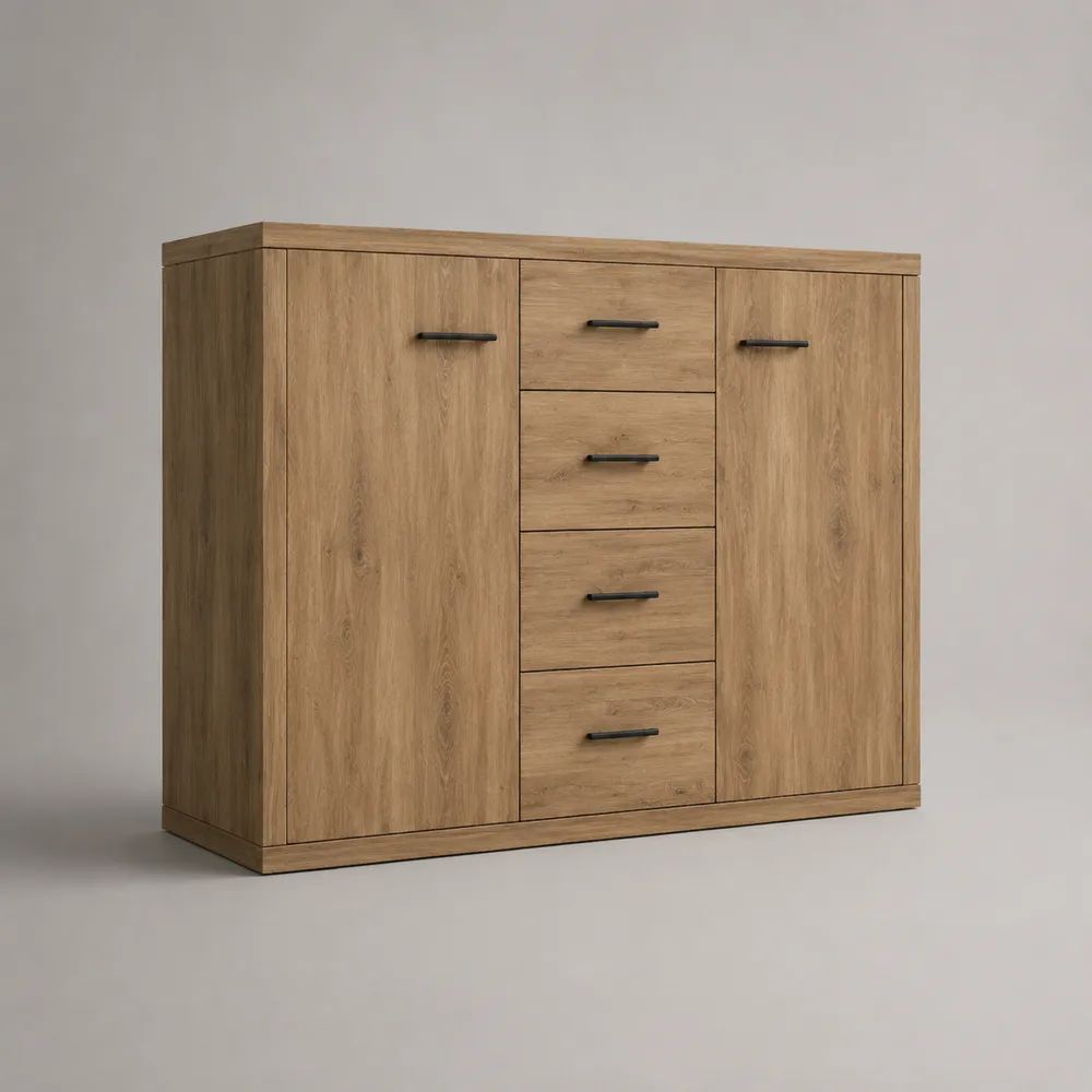 Highboard-Kommode aus Holzwerkstoff mit 2 Türen und 4 Schubladen, Eichefarben/Schwarz, 140 × 40 × 100 cm