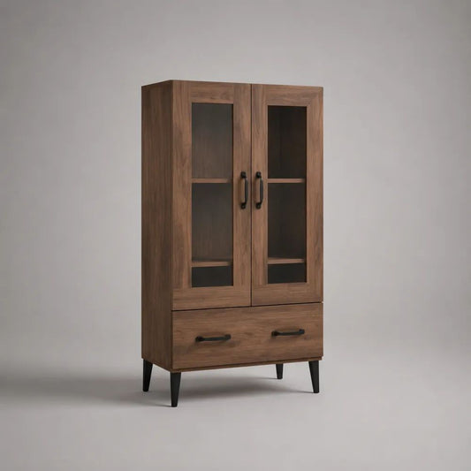 Vitrinenschrank mit 2 Glastüren und Schublade aus MDF, Glas und Stahl, Braun/Schwarz/Rauchgrau, 80 × 40 × 150 cm