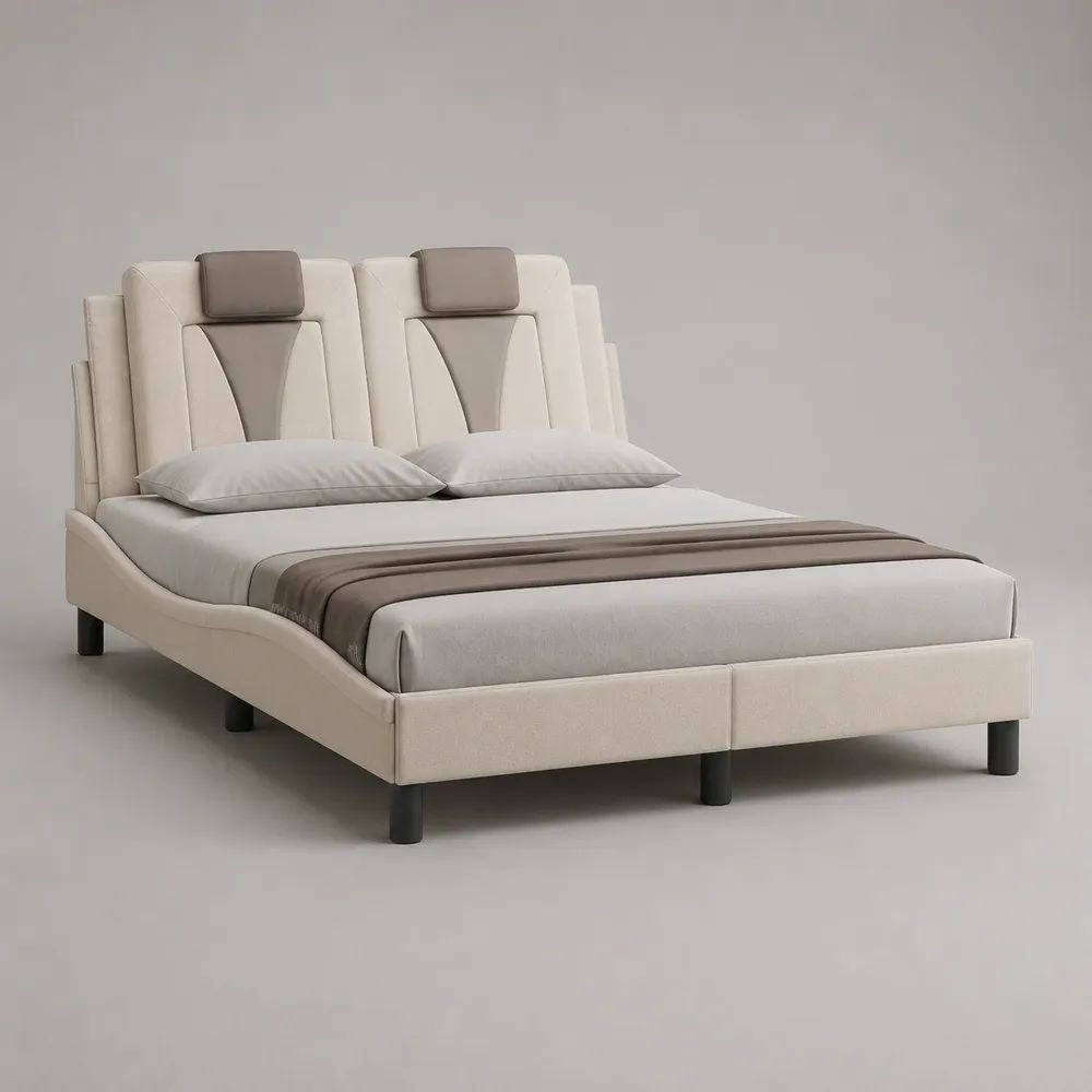 Polsterbett Doppelbett mit gepolstertem Kopfteil, Webstoff, Creme/Taupe/Schwarz, Liegefläche 180 x 200 cm, Gesamtmaß 198 x 222 x 118 cm