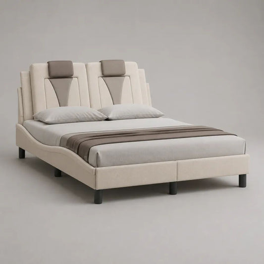 Polsterbett Doppelbett mit gepolstertem Kopfteil, Webstoff, Creme/Taupe/Schwarz, Liegefläche 180 x 200 cm, Gesamtmaß 198 x 222 x 118 cm