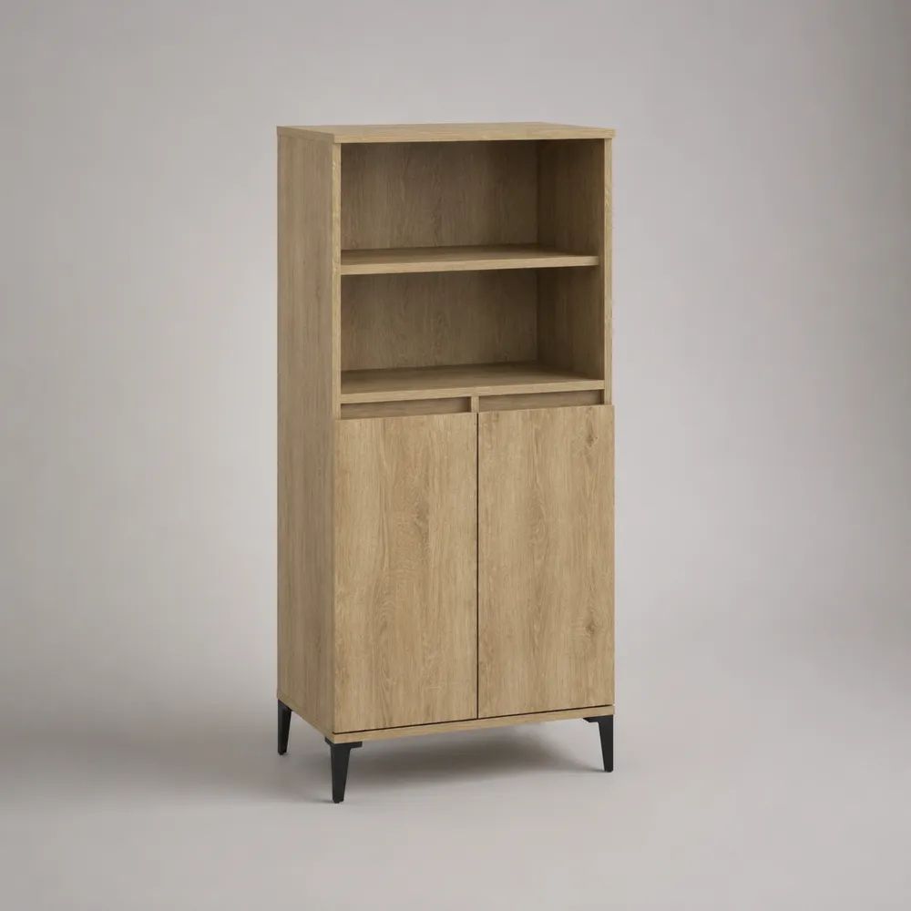 Buffetschrank aus Spanplatte mit 2 Türen und 2 offenen Fächern, Natur-Eiche/Schwarz, 80 × 40 × 160 cm