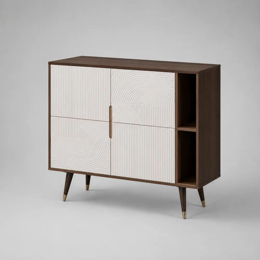 Sideboard mit 4 Türen und 2 offenen Fächern aus MDF und Spanplatte, Nussbaumfarben/Weiß, 120 × 40 × 90 cm