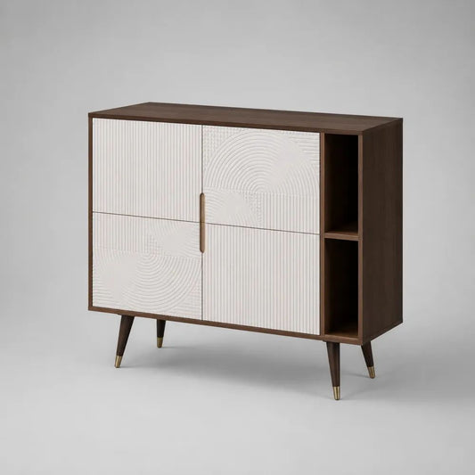 Sideboard mit 4 Türen und 2 offenen Fächern aus MDF und Spanplatte, Nussbaumfarben/Weiß, 120 × 40 × 90 cm