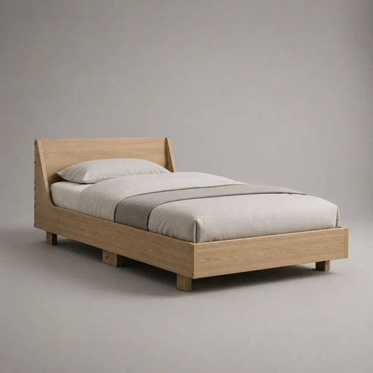 Holzbett mit Lattenrost, Bettgestell 140 x 200 cm aus MDF und Spanplatte mit Eichenfurnier, Natur/Hellbraun