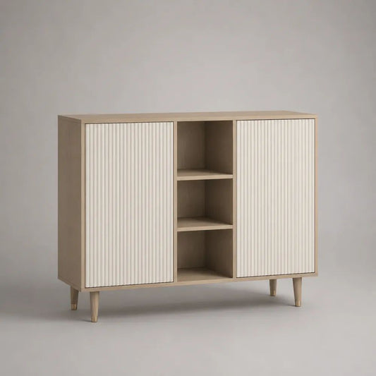 Sideboard aus MDF und Spanplatte mit 2 geriffelten Türen und 3 offenen Fächern, Beige/Weiß, 120 × 40 × 100 cm