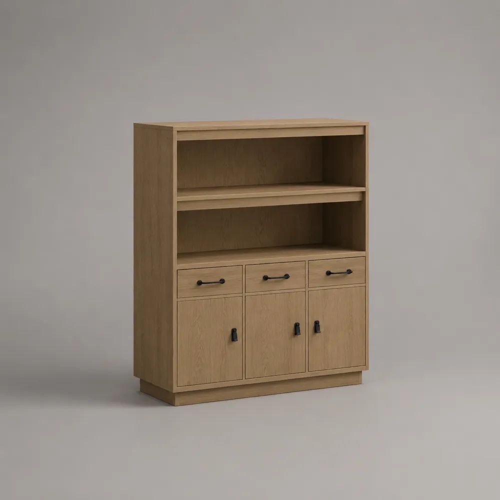 Buffetschrank Highboard aus Spanplatte in Eichenoptik mit 3 Türen, 3 Schubladen und 2 offenen Fächern, Eiche Natur/Schwarz, 120 × 40 × 150 cm
