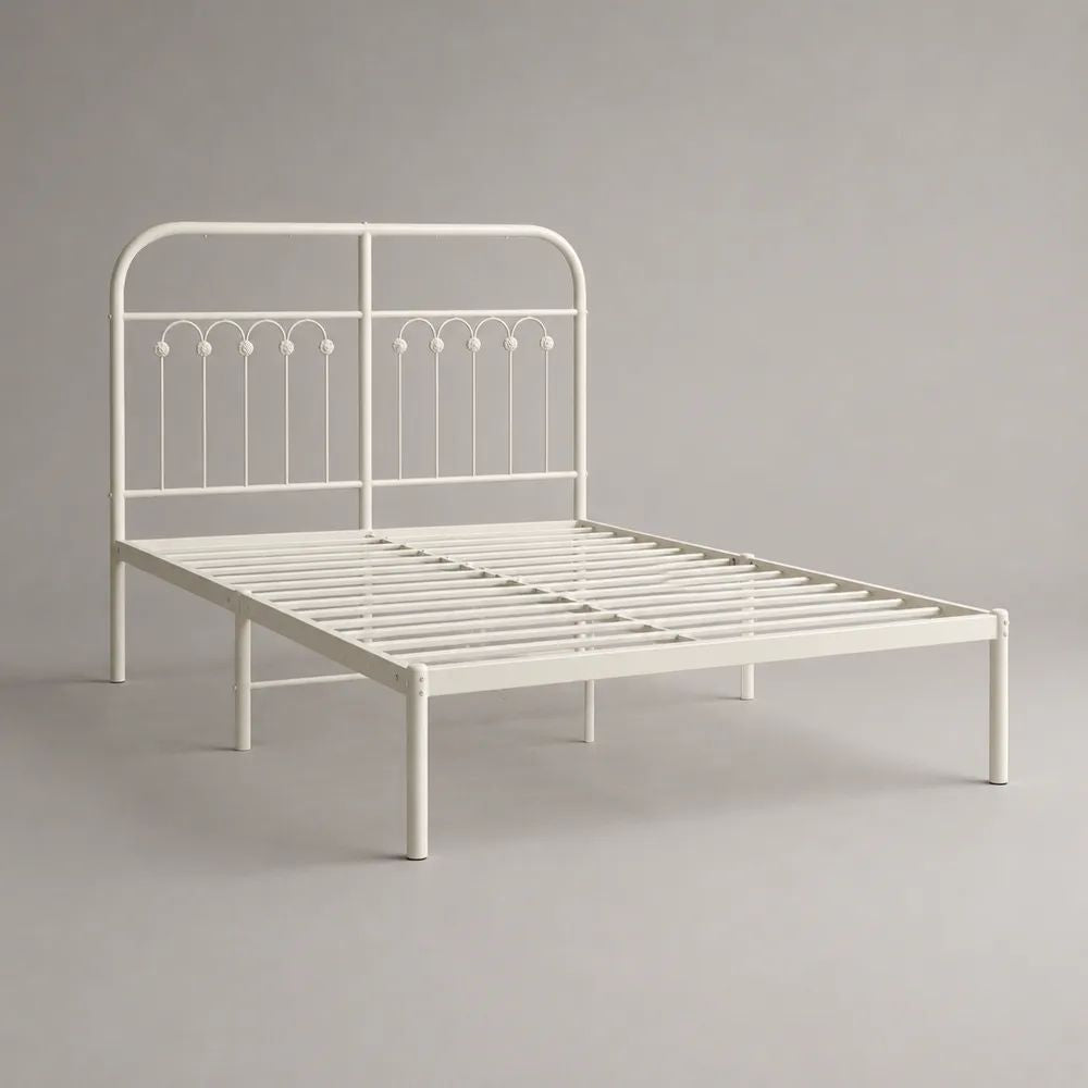Metallbett Doppelbett aus pulverbeschichtetem Stahl, Cremeweiß, Liegefläche 140 × 200 cm, Gesamtmaß 145 × 208 × 110 cm