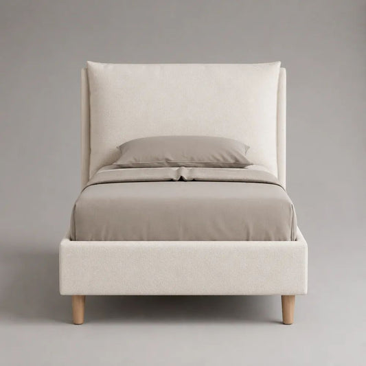 Polsterbett 90 x 200 cm mit hohem Kopfteil, Polyester-Bouclé, Creme, Massivholzfüße