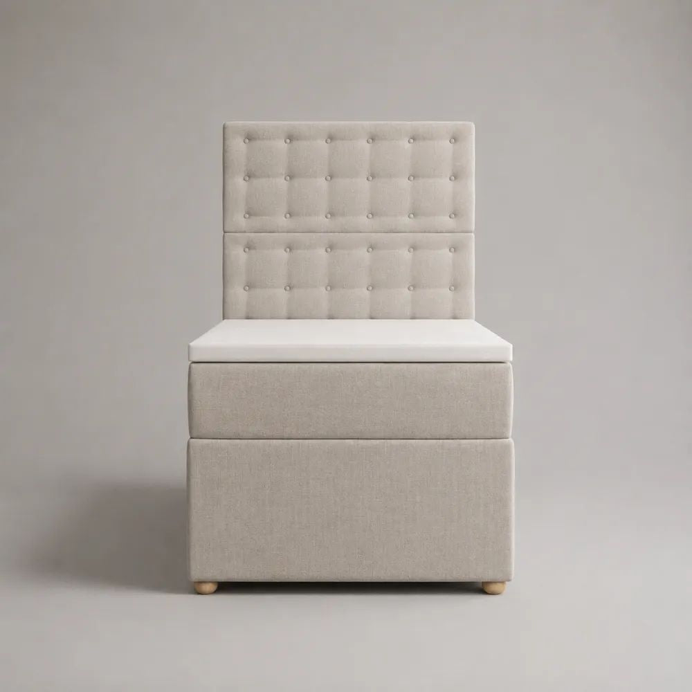 Polsterbett 90 × 200 cm mit Matratze und gepolstertem Kopfteil, Knopfheftung, Polyesterbezug, Beige, Gesamtmaß 210 × 98 × 150 cm