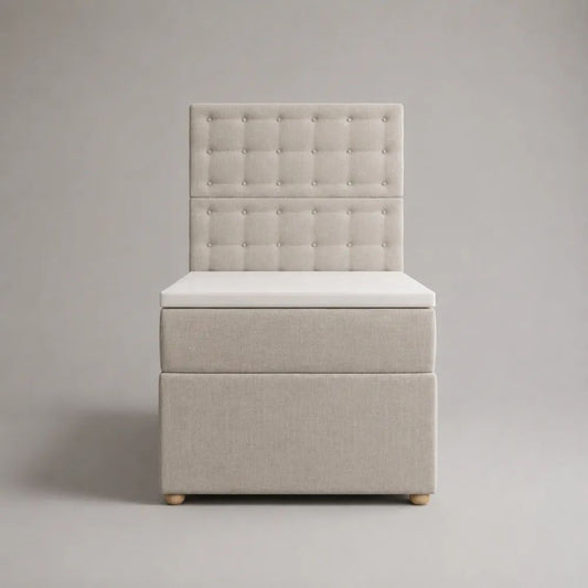 Polsterbett 90 × 200 cm mit Matratze und gepolstertem Kopfteil, Knopfheftung, Polyesterbezug, Beige, Gesamtmaß 210 × 98 × 150 cm