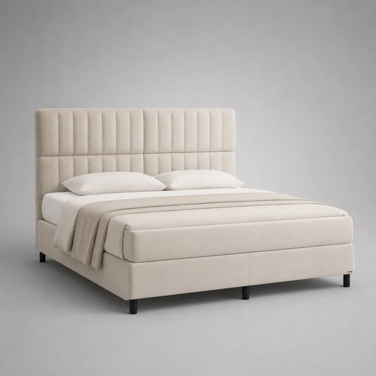 Polsterbett Doppelbett 180 x 200 cm, Gesamtmaß 190 x 215 x 125 cm, mit hohem Kopfteil und Lattenrost, Polyester-Samt, Beige