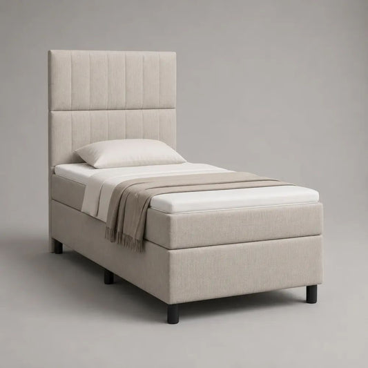Polsterbett Einzelbett 90 × 200 cm mit Matratze und hohem Kopfteil, Gesamtmaß 98 × 214 × 130 cm, Stoff, Beige/Schwarz