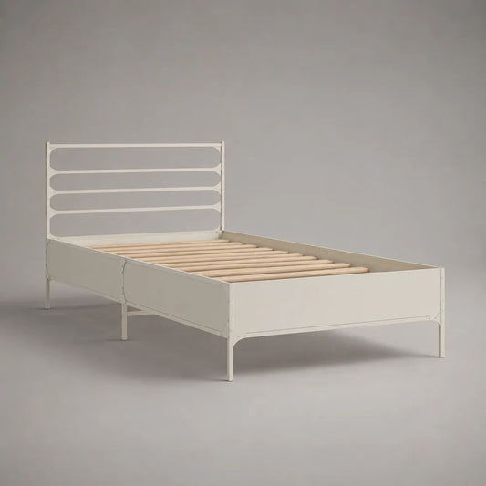 Einzelbett aus Stahl mit Kiefernholz-Lattenrost, Weiß/Natur, Liegefläche 90 × 200 cm, Gesamtmaß 205 × 96 × 110 cm